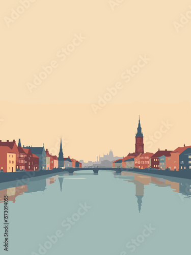 Rostock - Warnow River with Hanseatic skyline in terracotta, blue-gray, and ivory