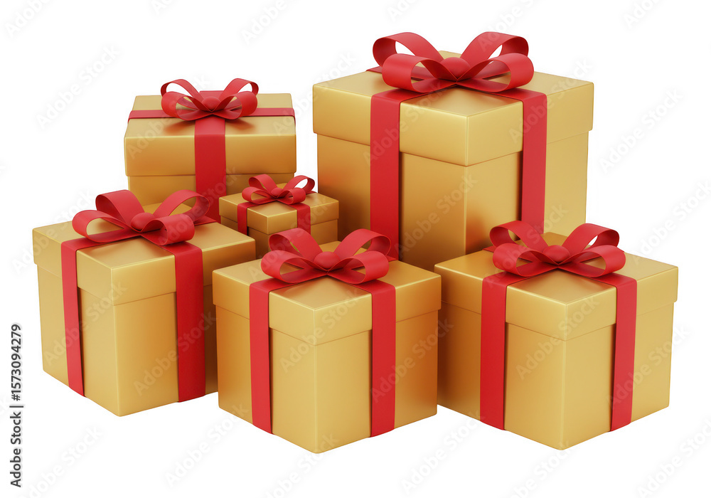 Fototapeta premium A collection of golden gift boxes with red ribbons isolated on transparent background