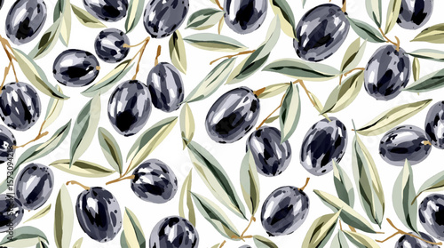 Watercolor pattern olives on white background
