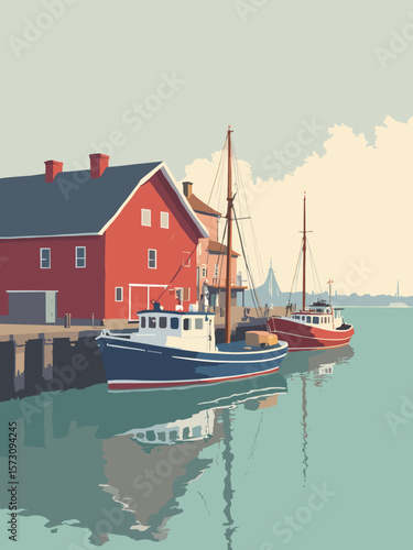 Wismar - Baltic harbor quay with fishing boats in barn red, sea green, and sky gray