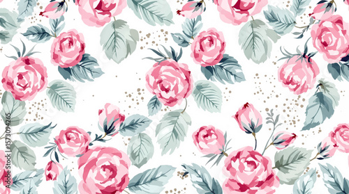 Watercolor floral seamless pattern with hand-painted blush pink flowers and green leaves on white background. Botanical print.	