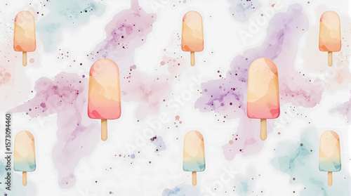Watercolor pattern ice cream on a stick on white background