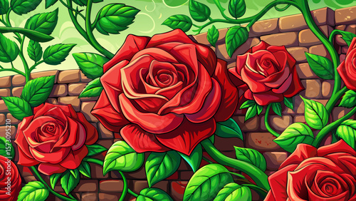 Very beautifl l Red roses clinging to a stone wall. Lush greenery intertwining with vibrant blooms