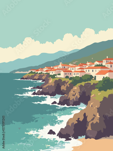 Santa Barbara - Mediterranean coastline with red‑tile roofs and waves crashing cliffs in terracotta, cobalt, cream, and sea green