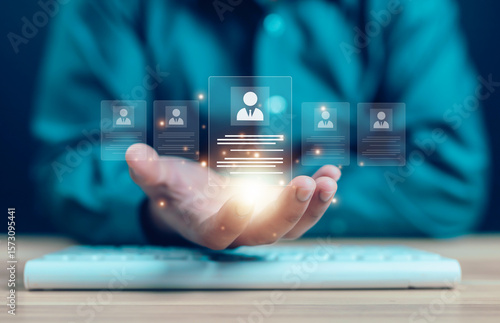 Businessman showing concept of human resources, employees, employment, management, training, HR, technology, business leadership concept, consulting, customer concept, digital service.	
