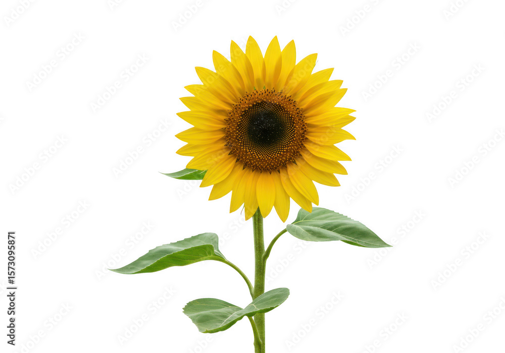 Fototapeta premium A single bright yellow sunflower with green leaves isolated on transparent background