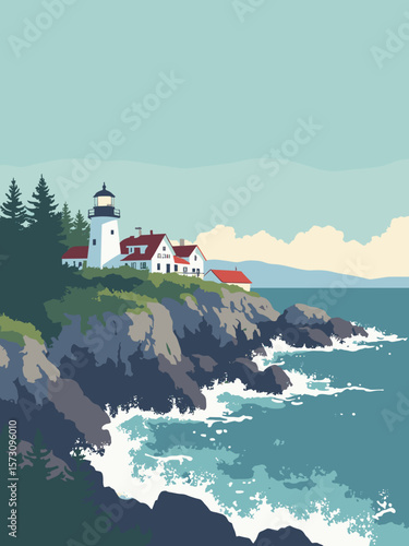 Bar Harbor - rocky coast with lighthouses and crashing waves in granite gray, foam white, pine green, and twilight blue