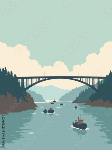 Astoria - Columbia River bar ships passing under bridge in slate, seafoam, rust, and fog white