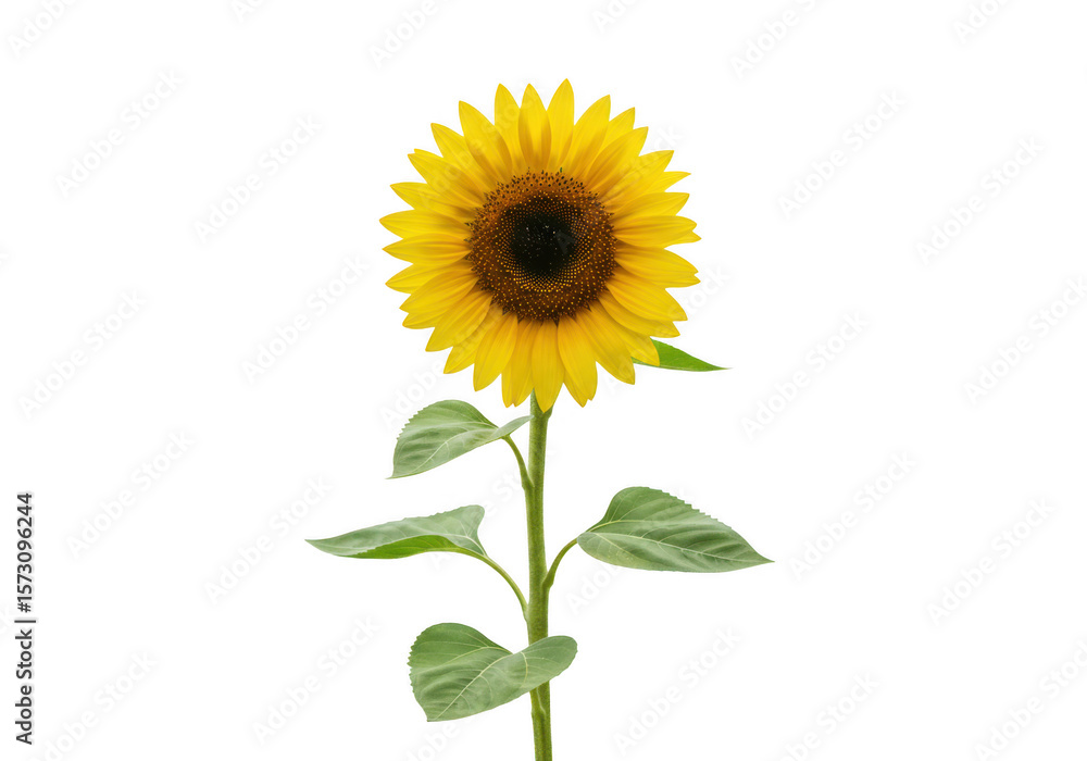 Fototapeta premium A single bright yellow sunflower with green leaves isolated on transparent background