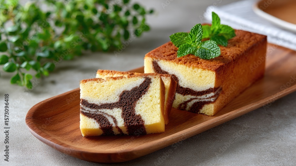 Close-up of a marbled chocolate-vanilla cake on wood, showcasing its soft texture and swirls in warm light Close-up of a marbled chocolate-vanilla cake on wood, showcasing its soft texture and swirls in warm light