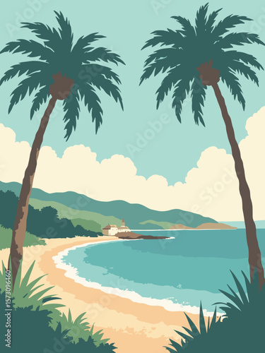 Torquay - English Riviera palms and turquoise bay under sunny sky in aqua, palm green, sand, and cream