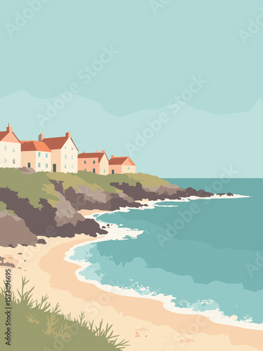 St Ives - turquoise cove framed by pastel cottages and surf in sky blue, peach, cream, and driftwood