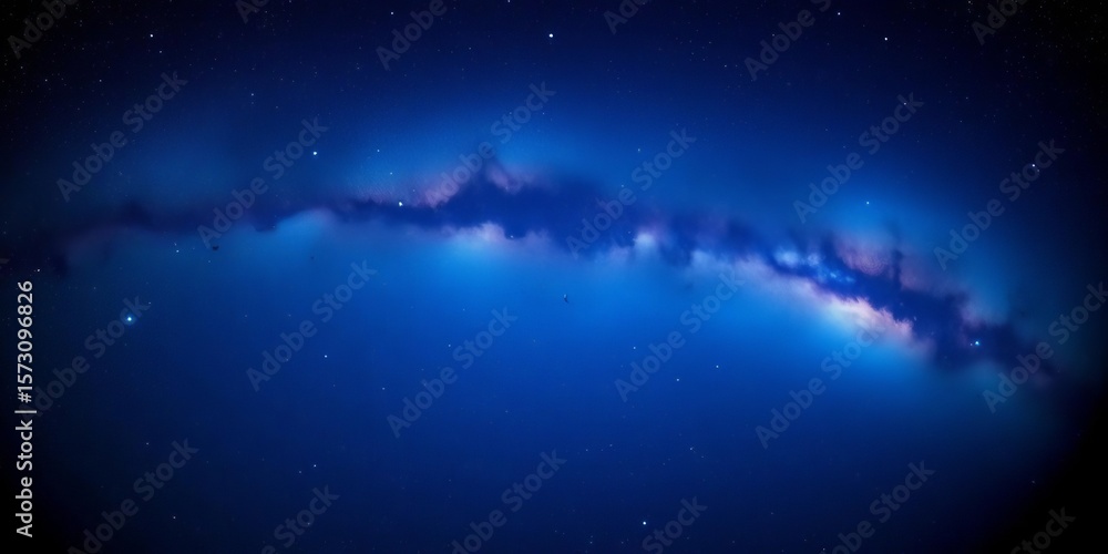 Fototapeta premium Vast, blue night sky panorama; Milky Way, nebulae, galaxies, stars Long exposure, grainy, dark, blue, interstellar