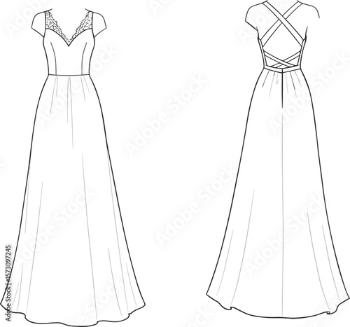 Cad drawing flat vector illustration, bridal gown design, fashion sketch, lace wedding dress front and back view, elegant garment concept