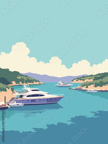 Saint-Tropez - luxury yachts bobbing in azure harbor under Provencal sky in cobalt, white, tan, and lavender