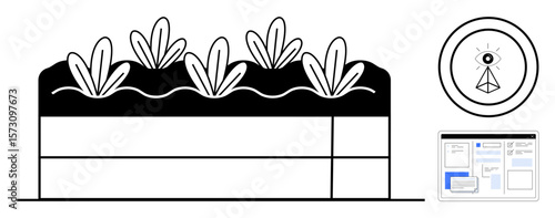 Plant growth from soil layers, digital interface for monitoring, and geometric emblem for eco-awareness. Ideal for sustainability, agriculture, technology, innovation, analytics, ecosystem