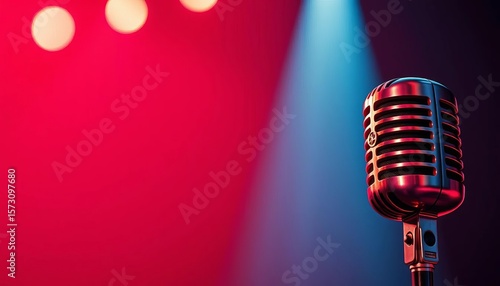 Retro style red & black vector poster featuring a microphone for a live music concert,  red,   vintage poster