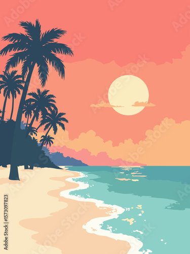 Miami - turquoise waves lapping white sand beach with palm silhouettes against coral sunset sky