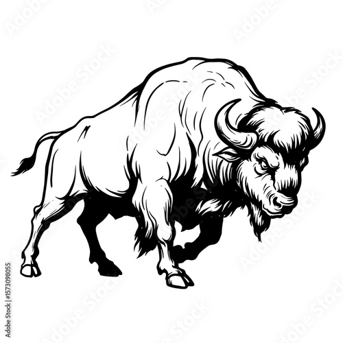 Bison illustration in black and white showing side profile, suitable for zoological projects, interior design, educational publications and brands with an emphasis on mindfulness and nature. 