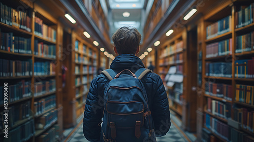 Wallpaper Mural Student exploring library bookshelves in a well lit academic setting Torontodigital.ca
