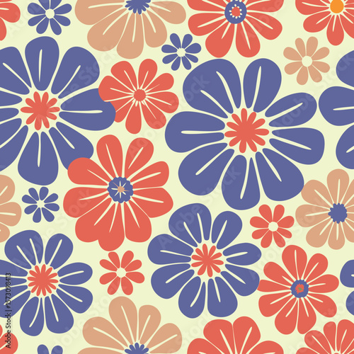 Retro floral pattern with cream and coral flowers on a purple background.