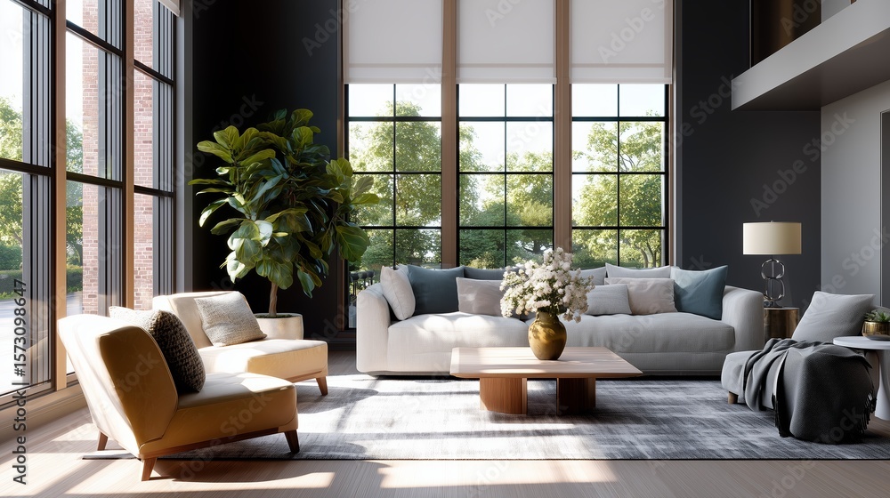 Fototapeta premium Modern living room design featuring large windows and stylish furniture in a bright, airy setting