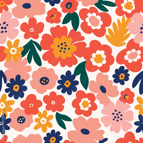 Vibrant retro floral pattern with bold coral pink and yellow blooms on white background.