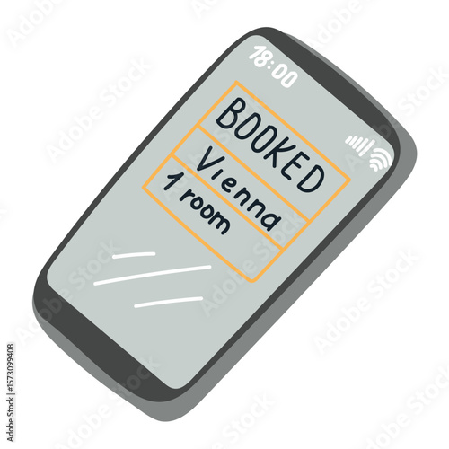 Smartphone screen with booking confirmation, hand drawn in minimal flat style. Concept of online reservation, travel planning and modern technology