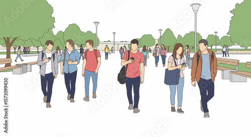 College students walking on campus illustration with trees and street lamps