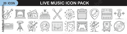 Live Music Icon Set with Instruments, Stage, and Sound Equipment - Collection of 20 minimal live music icons featuring instruments, stage setup, speakers, mics, lights, and soundboards in outline styl