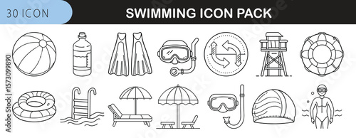 Swimming Icon Set with Gear, Pool, and Beach Elements - Collection of 15 minimal swimming icons including goggles, snorkel, float, pool ladder, lifeguard tower, and beach gear in outline style.