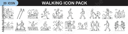 Walking Icon Set Featuring People and Outdoor Activities - Collection of 20 line-style walking icons showing individuals, couples, and families walking, hiking, and enjoying nature in minimal design.
