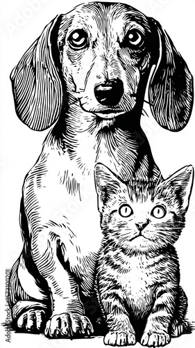 A simple vector illustration of two pet animals, a dog and cat in black lines on white background, designed by minimalist style artist Al shotgun art style, woodcut-inspired graphics, cartoonish simpl