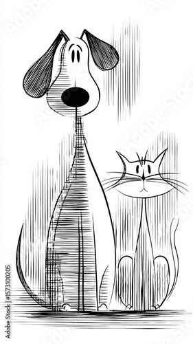 A simple vector illustration of two pet animals, a dog and cat in black lines on white background, designed by minimalist style artist Al shotgun art style, woodcut-inspired graphics, cartoonish simpl