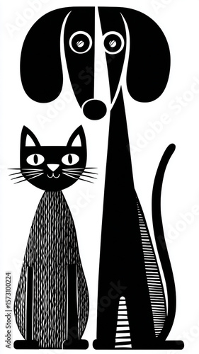 A simple vector illustration of two pet animals, a dog and cat in black lines on white background, designed by minimalist style artist Al shotgun art style, woodcut-inspired graphics, cartoonish simpl