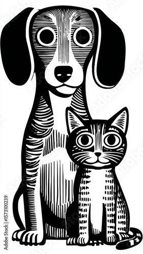 A simple vector illustration of two pet animals, a dog and cat in black lines on white background, designed by minimalist style artist Al shotgun art style, woodcut-inspired graphics, cartoonish simpl