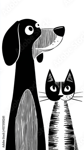 A simple vector illustration of two pet animals, a dog and cat in black lines on white background, designed by minimalist style artist Al shotgun art style, woodcut-inspired graphics, cartoonish simpl