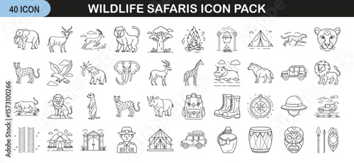 Wildlife Safari Line Icon Set with Animals and Gear - Set of 40 minimal safari icons including wild animals, jungle gear, vehicles, trees, and camp tools in clean outline style.
