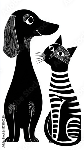 A simple vector illustration of two pet animals, a dog and cat in black lines on white background, designed by minimalist style artist Al shotgun art style, woodcut-inspired graphics, cartoonish simpl