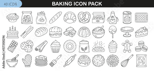 Baking Icon Set with Pastries, Tools, and Ingredients - Set of 40 minimal baking icons featuring desserts, bread, utensils, ingredients, and baked goods in a clean outline vector style.