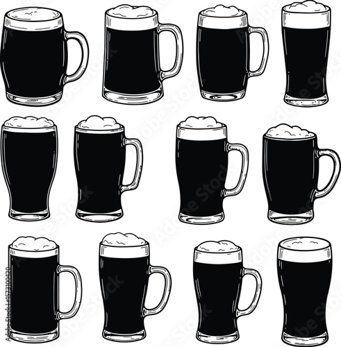 Dark Beer Mug and Glass Vector Set. Hand-Drawn Collection of Various Frothy Beverages for Pubs, Bars, & Oktoberfest. Vintage Style Drinkware Illustrations for Menus, Signs, and Drink-Themed Designs.