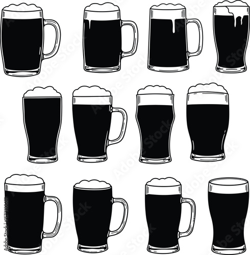 Dark Beer Mugs & Glasses Collection. Hand-Drawn Vector Set with Frothy Heads, Ideal for Pubs, Bars, Breweries & Oktoberfest Events. Vintage Style Beverage Clipart for Menus & Posters.