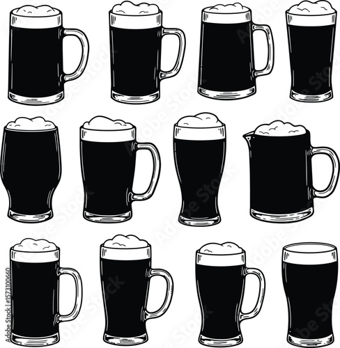 Black Beer Mugs and Glasses Set. Vector Collection of Hand-Drawn Engraved Style Alcoholic Beverages with Foam. Perfect for Pubs, Bars, and Oktoberfest Designs. Vintage Drinkware Illustration.