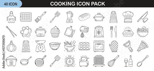 Cooking Icon Set with Ingredients, Utensils, and Kitchen Tools - Collection of 40 minimal cooking icons including utensils, appliances, food items, chefs, and preparation tools in clean outline vector
