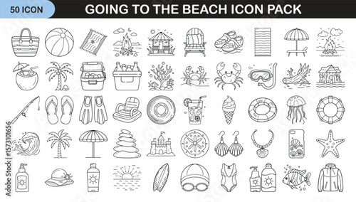 Beach Vacation Line Icon Set with 50 Items - Collection of 50 minimal beach-themed icons featuring summer gear, sea animals, food, drinks, and beachside activities in line style.
