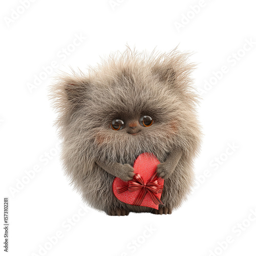 Adorable Fluffy Creature Holding Heart-Shaped Gift for Valentine's Day
