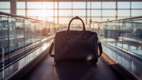 Checked Bags vs Carry on Bags. Black leather handbag on airport walkwa
