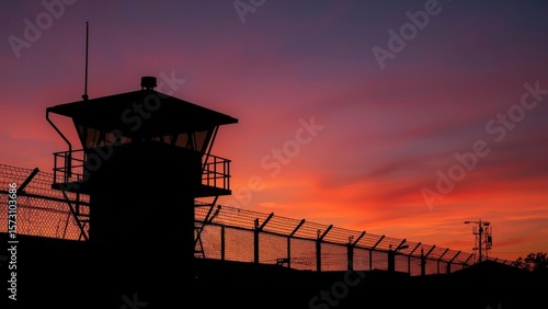 Wallpaper Mural Prison Population. Sunset silhouette watchtower fence security border Torontodigital.ca