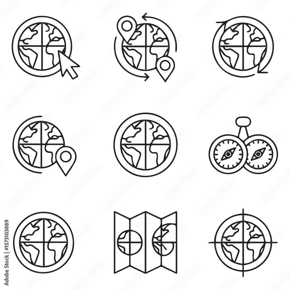 A set of line art icons depicting globes, maps, and navigational tools, representing global exploration and international connections in a simple style A set of line art icons depicting globes, maps, and navigational tools, representing global exploration and international connections in a simple style
