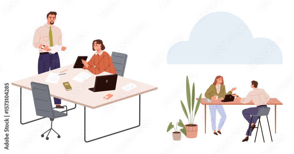 Fototapeta premium Professionals working together on projects in modern office and outdoor cafes. Includes laptops, paperwork, and brainstorming. Ideal for collaboration, teamwork, productivity, office culture